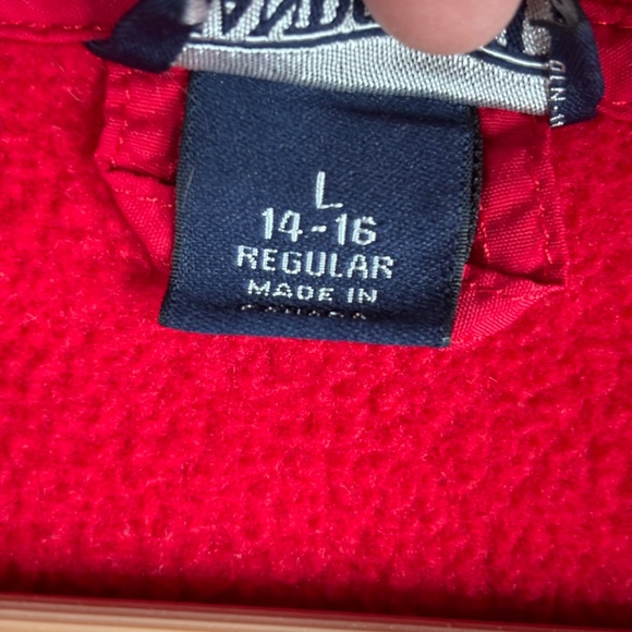 VTG 90s Lands End Red Fleece Hooded Jacket L Long Full Zip Pockets Fall Cabin - Picture 6 of 11